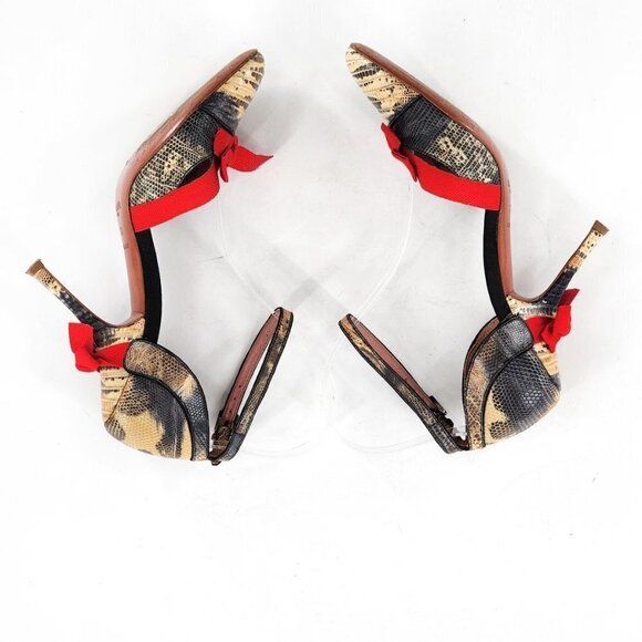 ALAIA Snake Print Leather Ankle Strap Heels With Red Bows - Picture 9 of 13